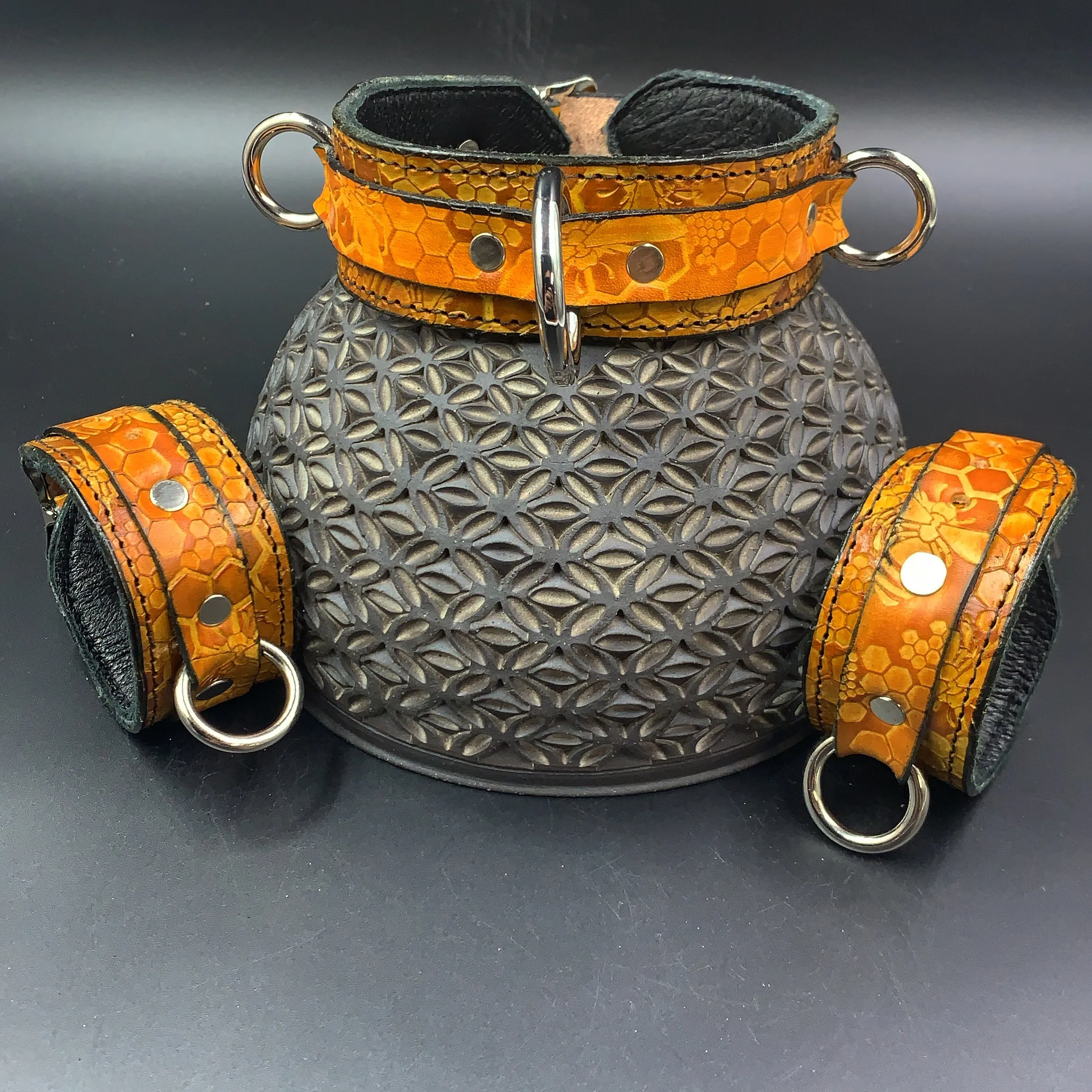 Stamped Leather Bondage Gear - Collar and 1 Cuff Set
