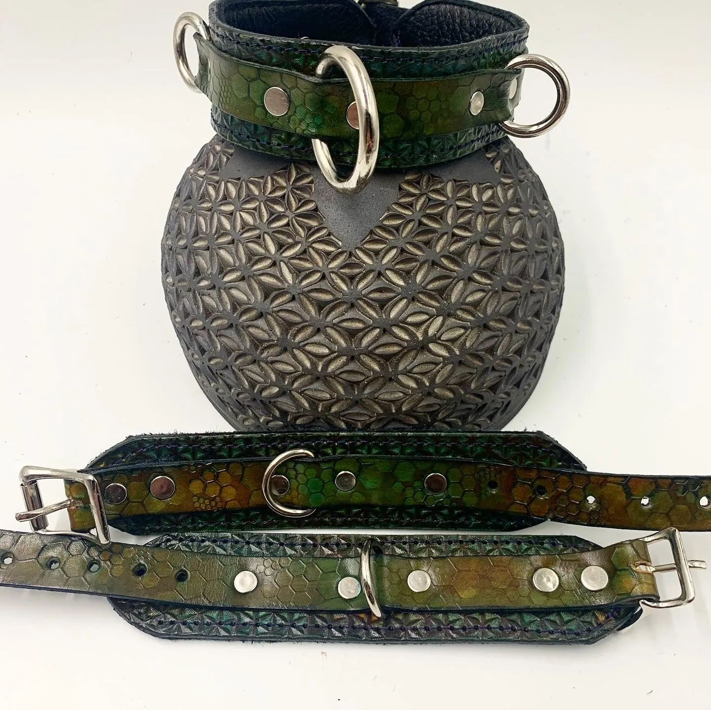 Stamped Leather Bondage Gear - Collar and 1 Cuff Set