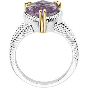 Sterling Silver & 14k Yellow Gold Heart Amethyst Rope Design Ring, Size 7