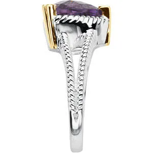 Sterling Silver & 14k Yellow Gold Heart Amethyst Rope Design Ring, Size 7