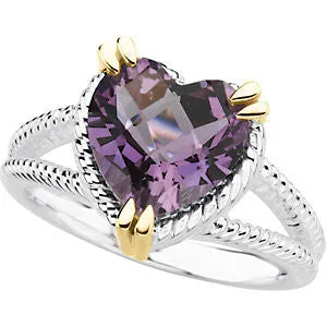 Sterling Silver & 14k Yellow Gold Heart Amethyst Rope Design Ring, Size 7