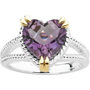 Sterling Silver & 14k Yellow Gold Heart Amethyst Rope Design Ring, Size 7