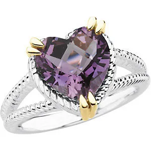 Sterling Silver & 14k Yellow Gold Heart Amethyst Rope Design Ring, Size 7