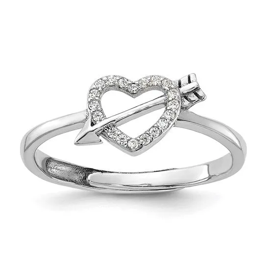 Sterling Silver CZ Heart with Arrow Adjustable Ring