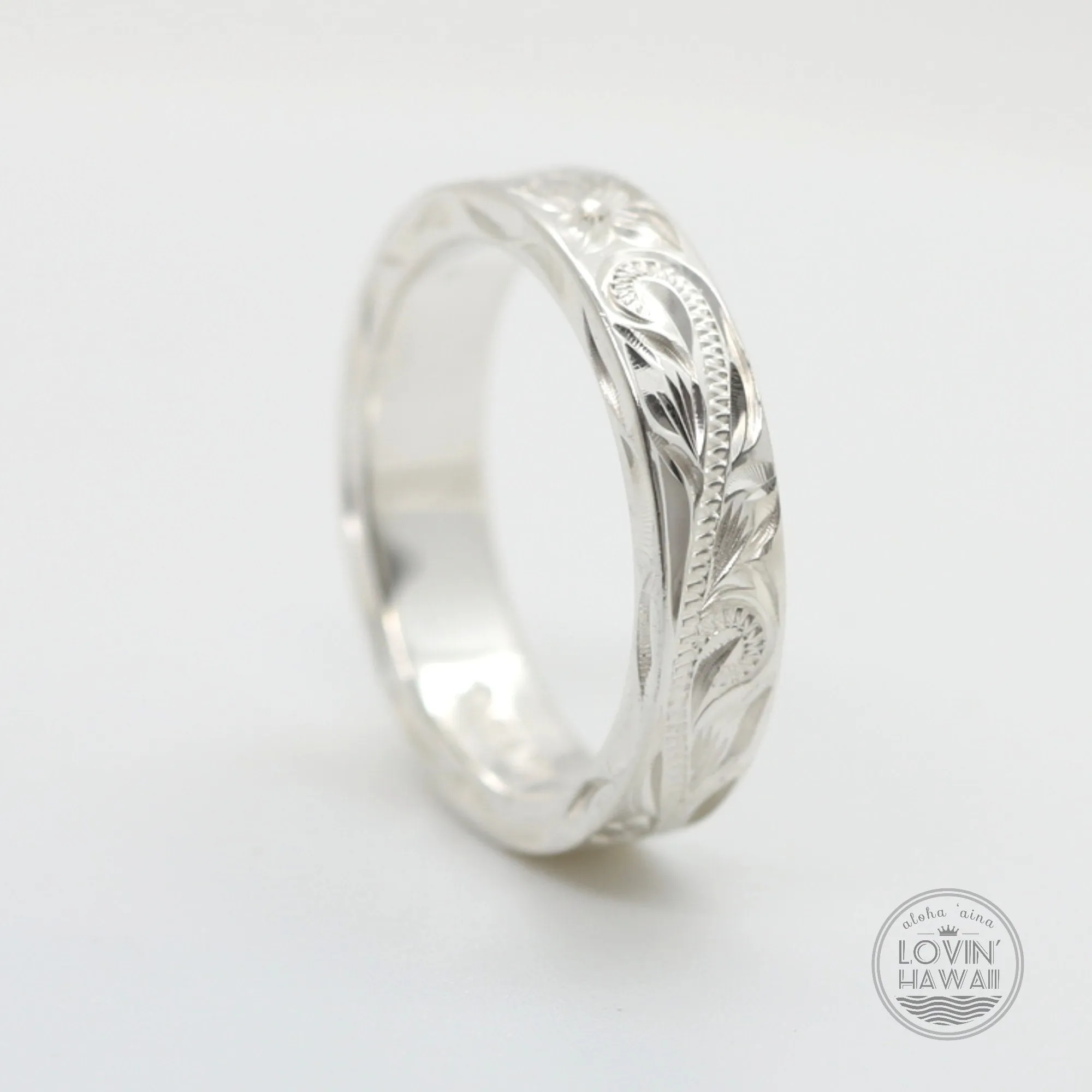 Sterling Silver Hawaiian Wedding Bands, Hand Engraved Design (4mm or 6mm Width)