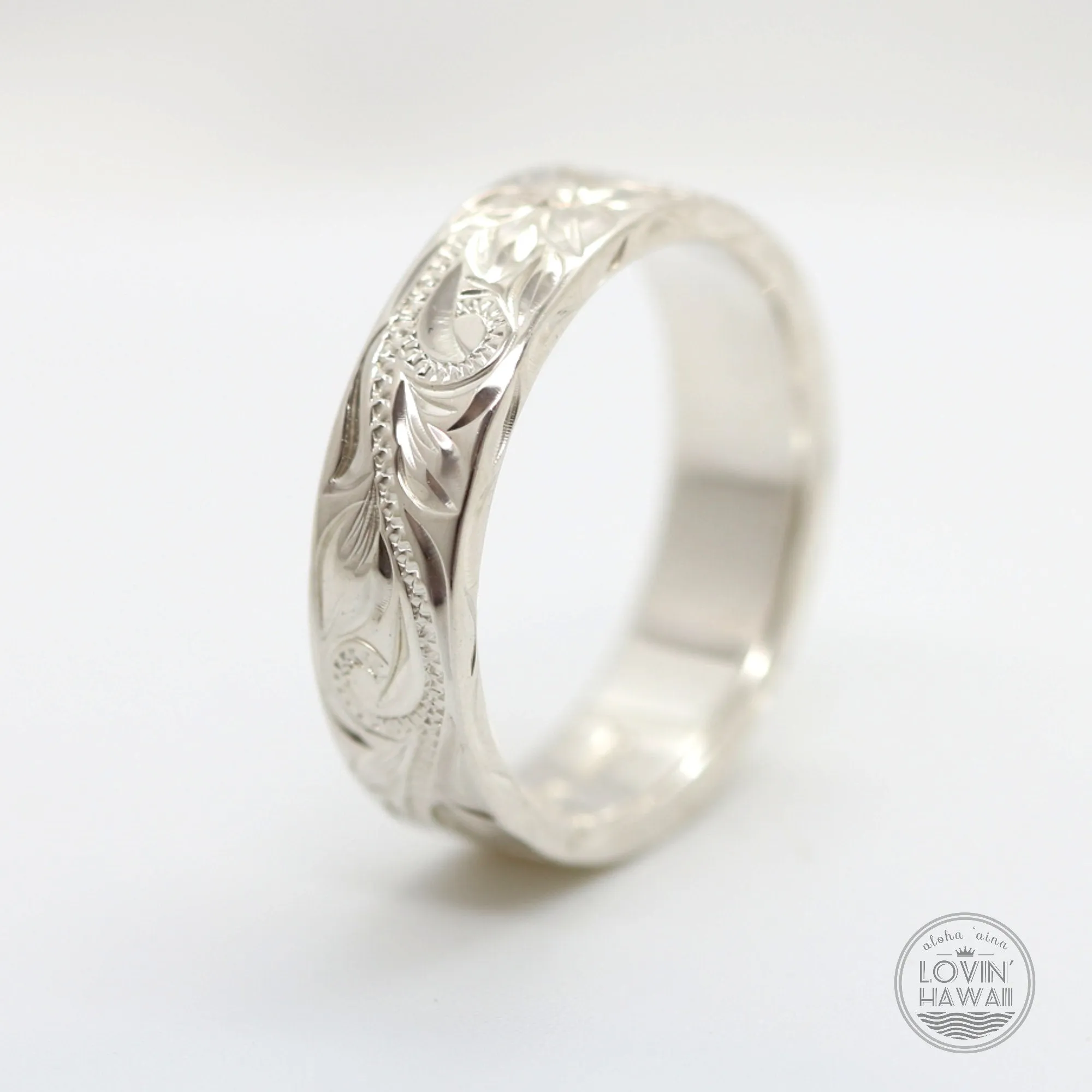 Sterling Silver Hawaiian Wedding Bands, Hand Engraved Design (4mm or 6mm Width)