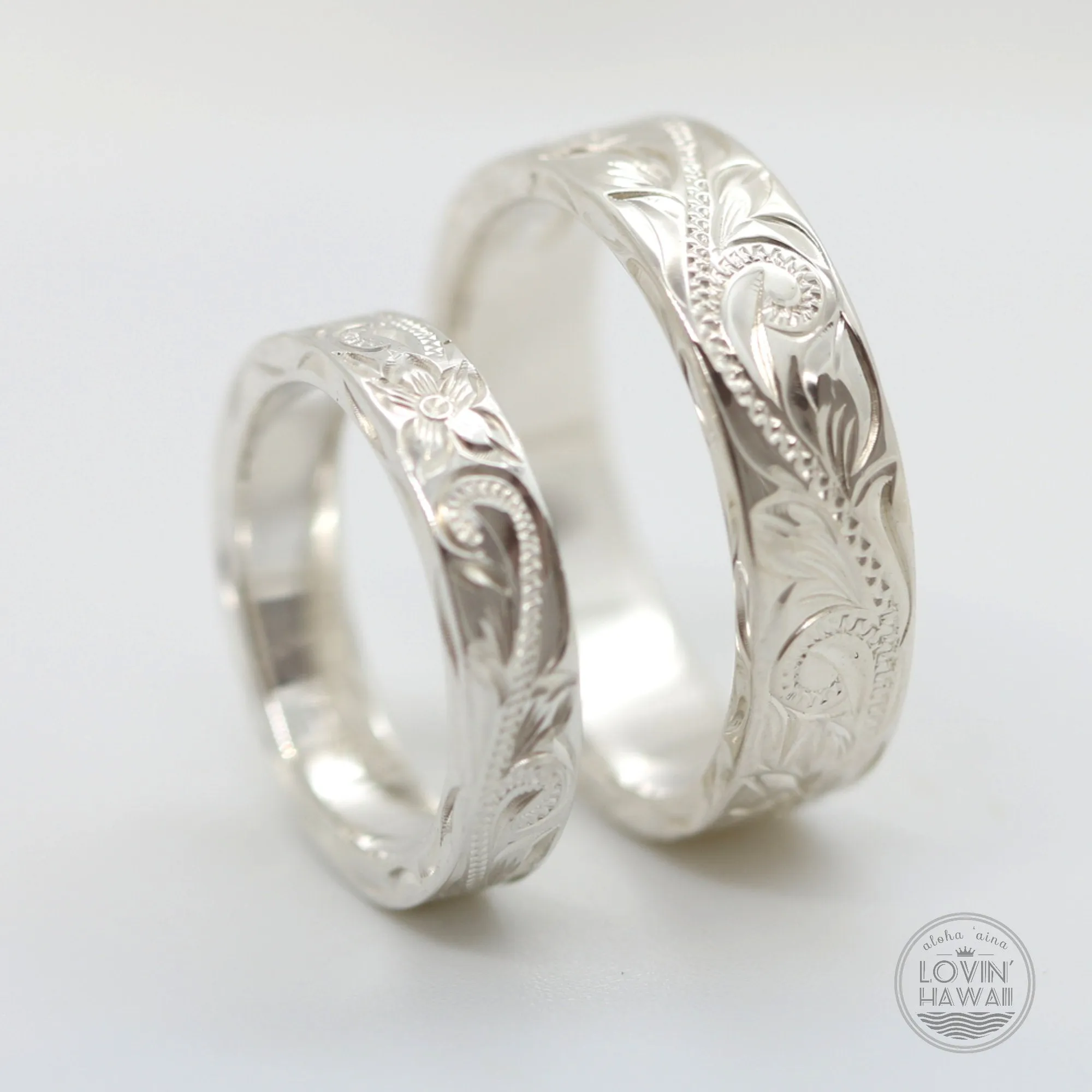 Sterling Silver Hawaiian Wedding Bands, Hand Engraved Design (4mm or 6mm Width)