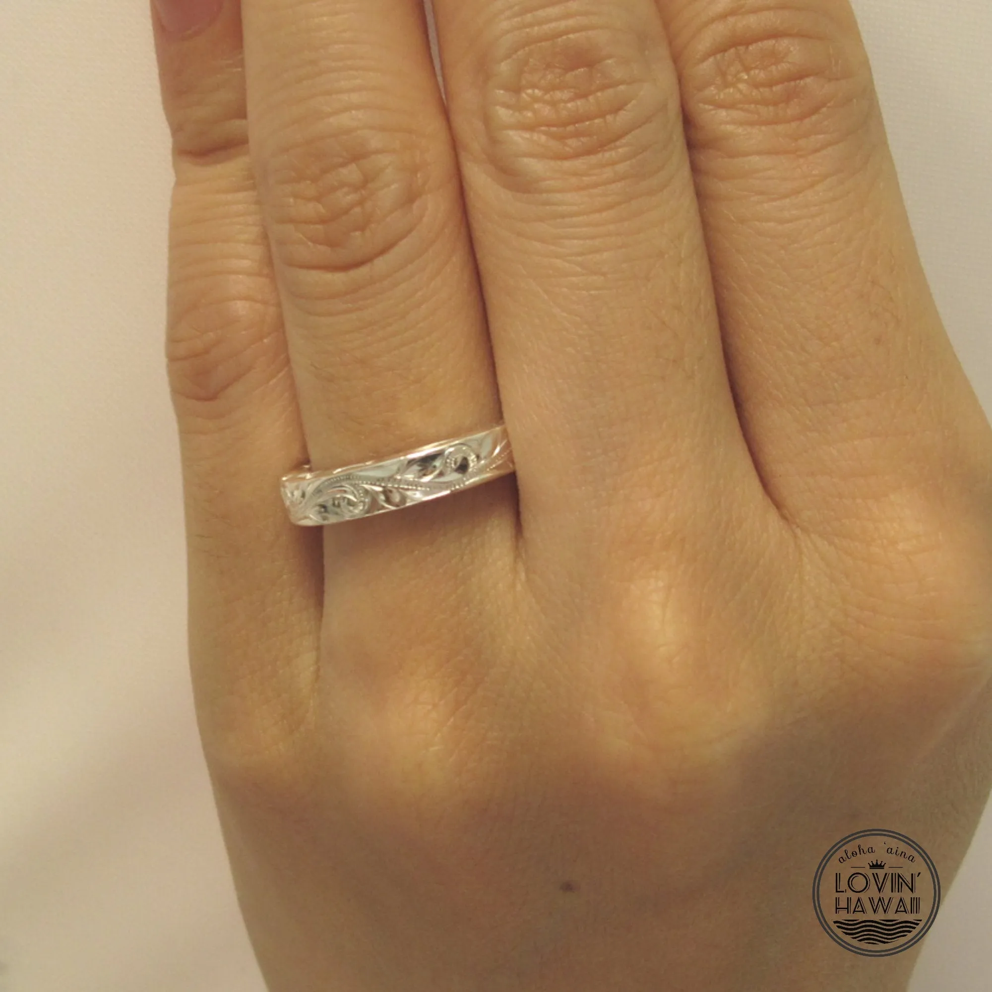 Sterling Silver Hawaiian Wedding Bands, Hand Engraved Design (4mm or 6mm Width)