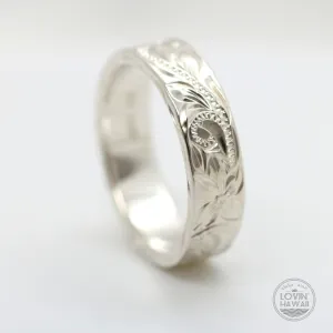 Sterling Silver Hawaiian Wedding Bands, Hand Engraved Design (4mm or 6mm Width)