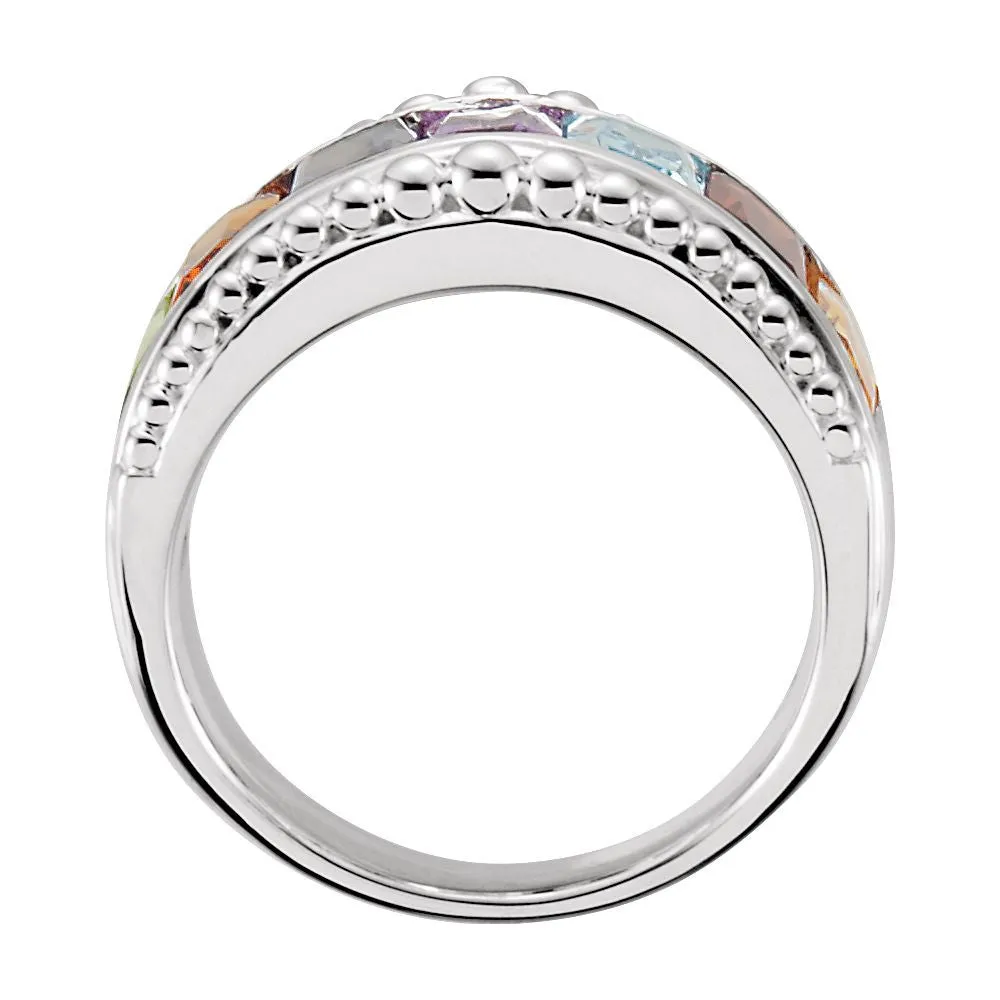 Sterling Silver Multi-Gemstone Granulated Design Ring, Size 7