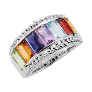 Sterling Silver Multi-Gemstone Granulated Design Ring, Size 7