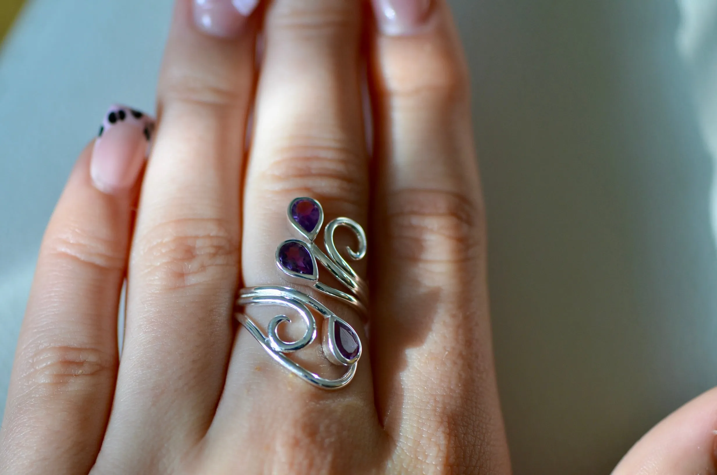 Sterling Silver Pear Amethyst Scroll Design Ring