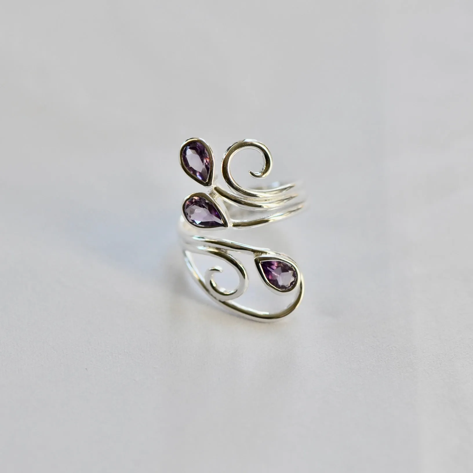 Sterling Silver Pear Amethyst Scroll Design Ring