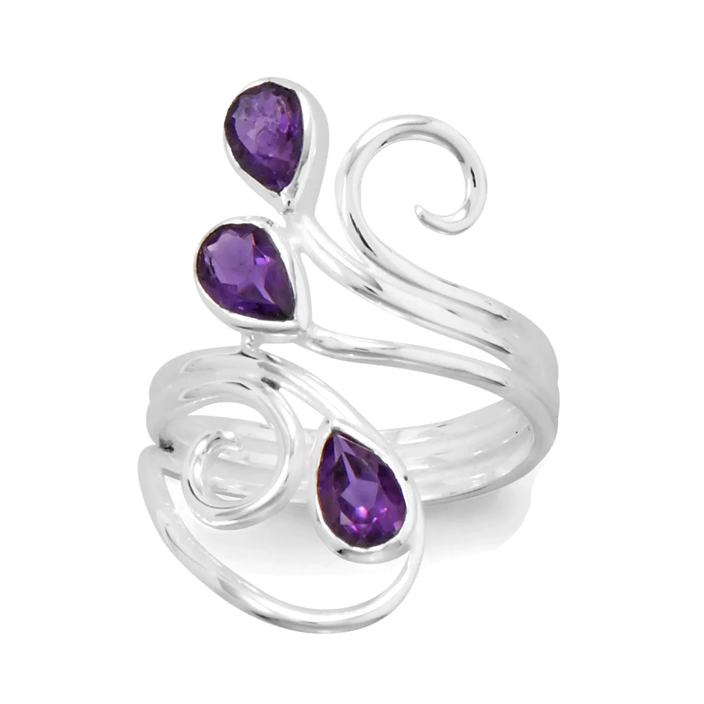 Sterling Silver Pear Amethyst Scroll Design Ring