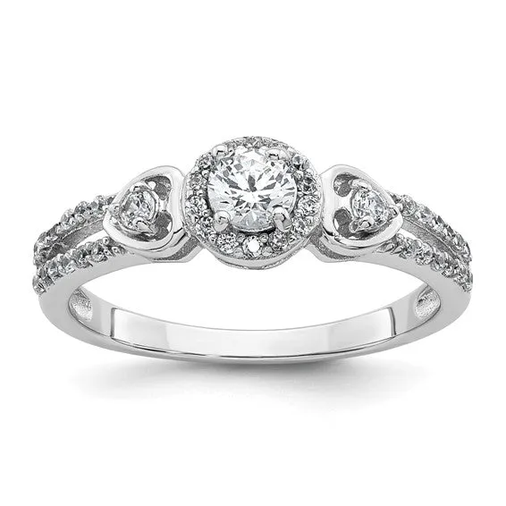 Sterling Silver Round CZ Halo Double Side Heart Ring