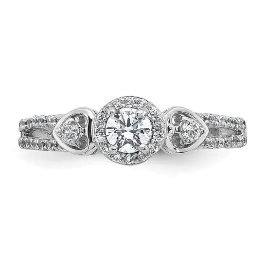 Sterling Silver Round CZ Halo Double Side Heart Ring