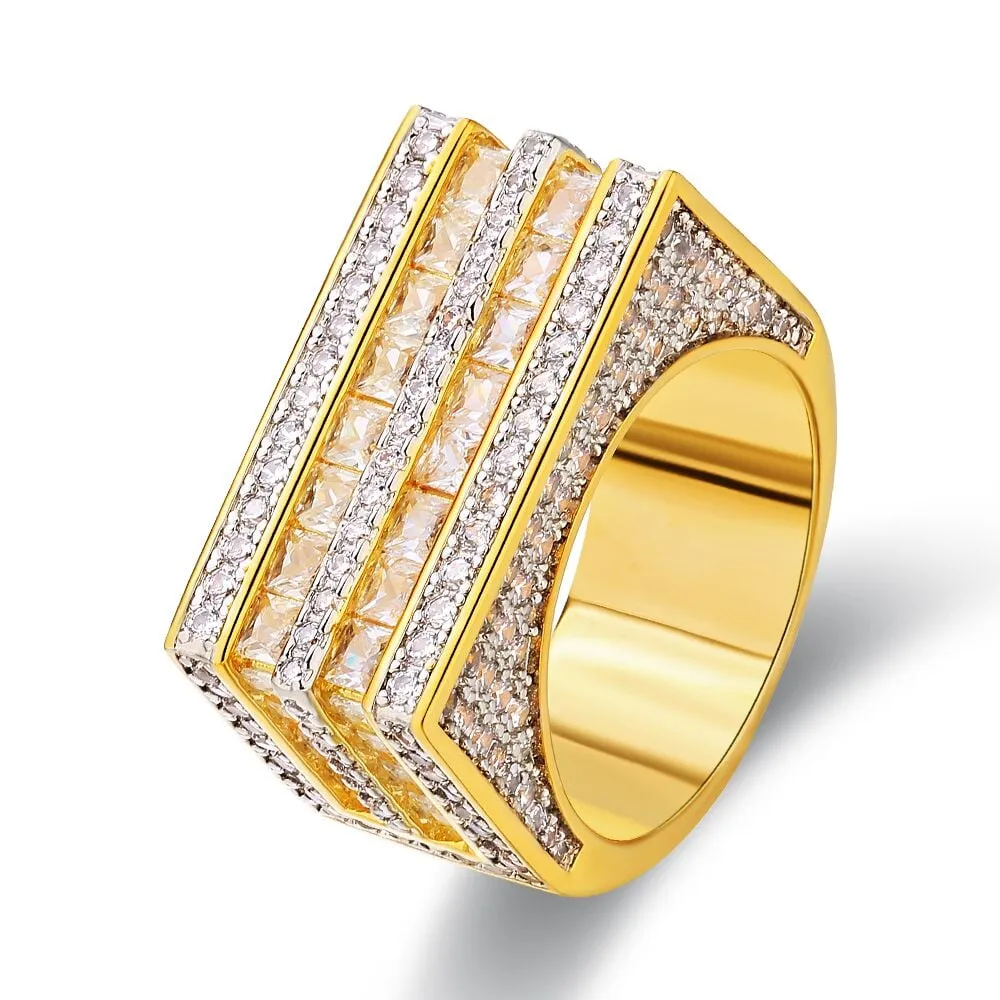 The Majesty II® - Double Rows Princess Cut CZ Diamond Mens Hip Hop Ring in 18K Gold