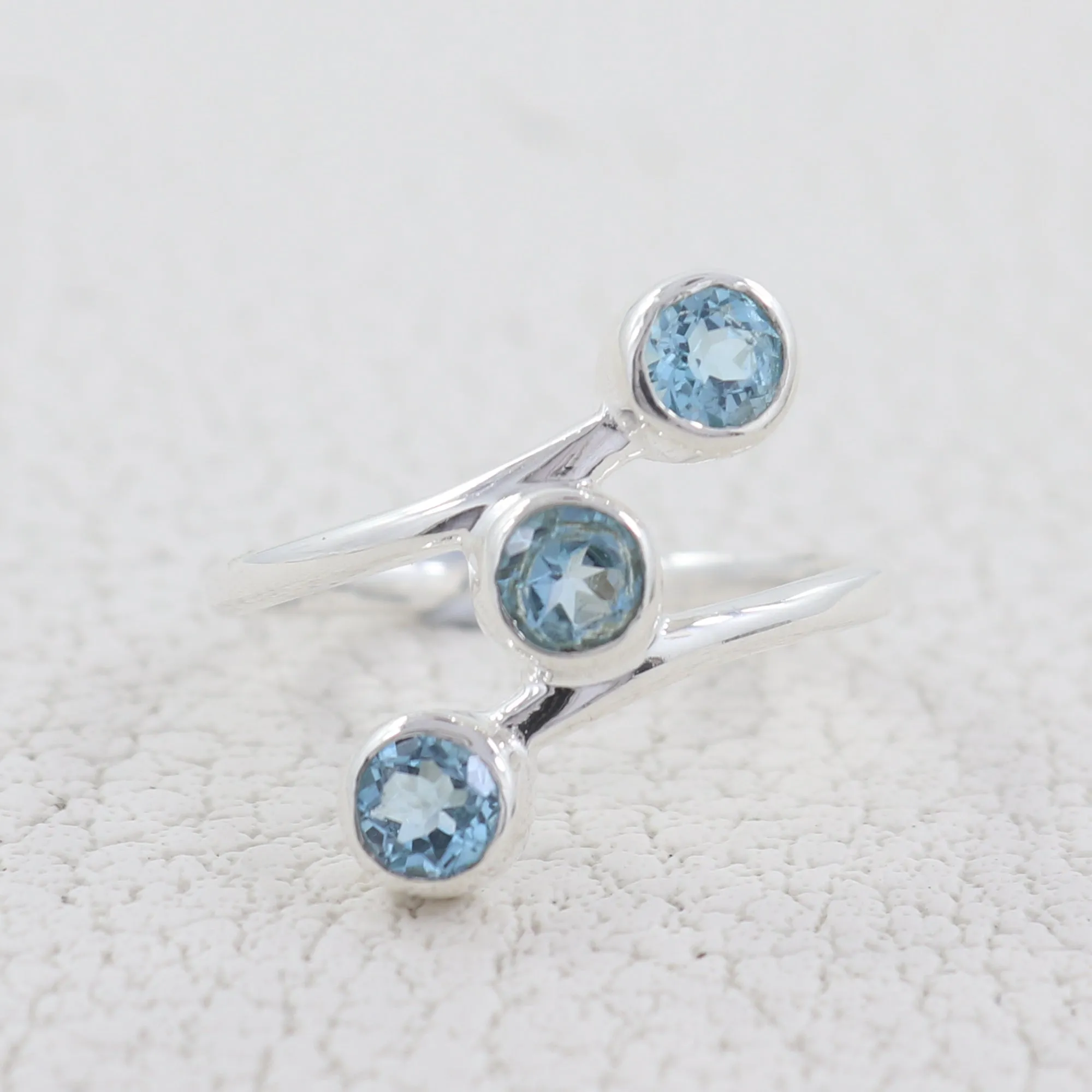 Three Blue Topaz Gemstone Sterling Silver Band Rings