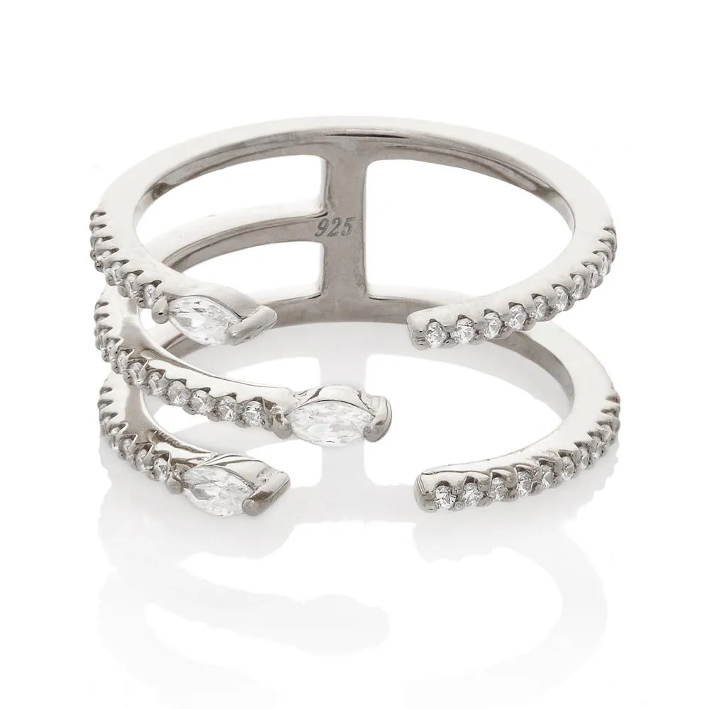 THREE ROW RING, STERLING SILVER