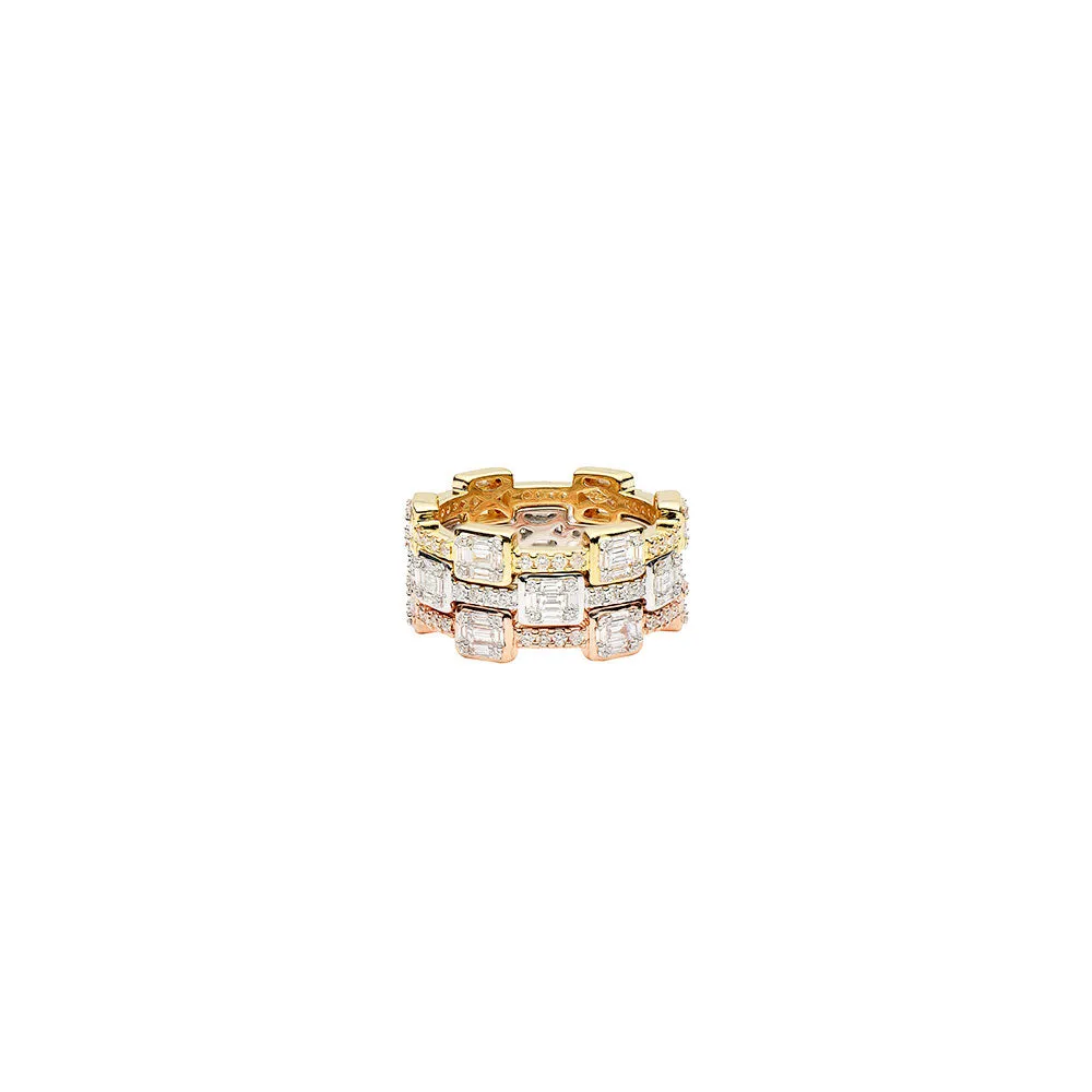 Three stacking rings in 18 Karat Rose, Yellow and White gold with Round and Baguette diamonds