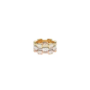 Three stacking rings in 18 Karat Rose, Yellow and White gold with Round and Baguette diamonds