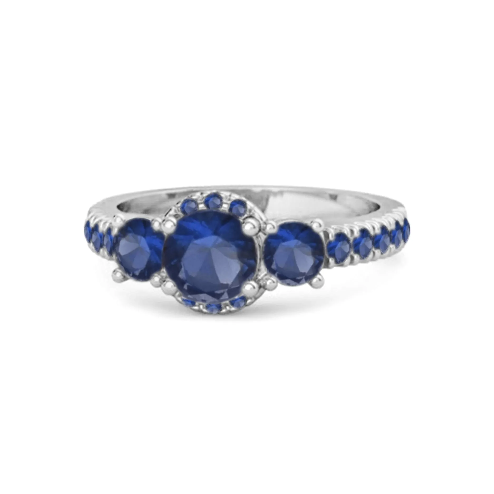 Three Stone Blue Sapphire Rare Cut 925 Sterling Silver Accent Ring