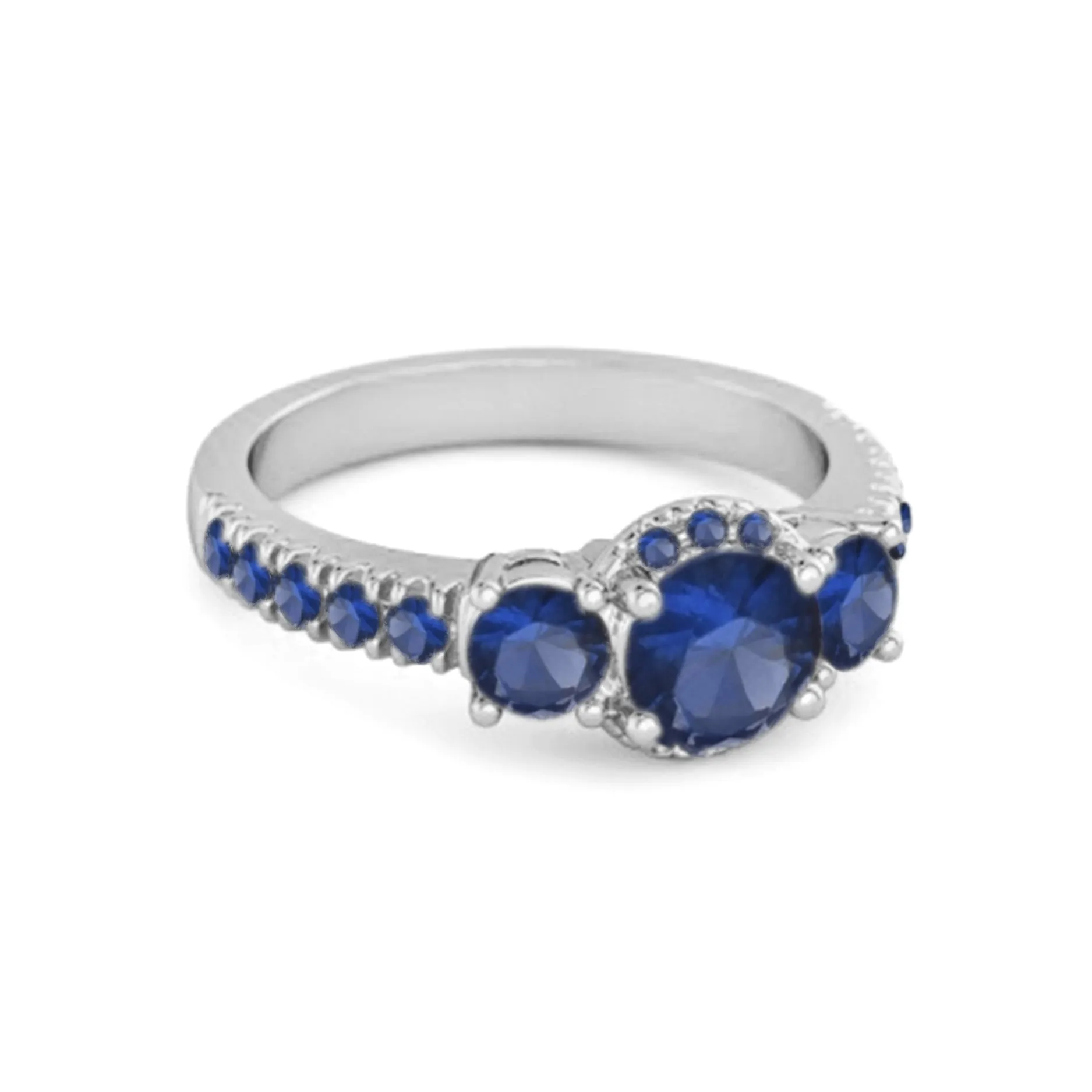 Three Stone Blue Sapphire Rare Cut 925 Sterling Silver Accent Ring