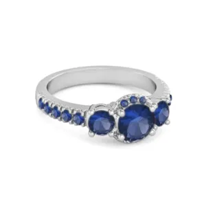 Three Stone Blue Sapphire Rare Cut 925 Sterling Silver Accent Ring