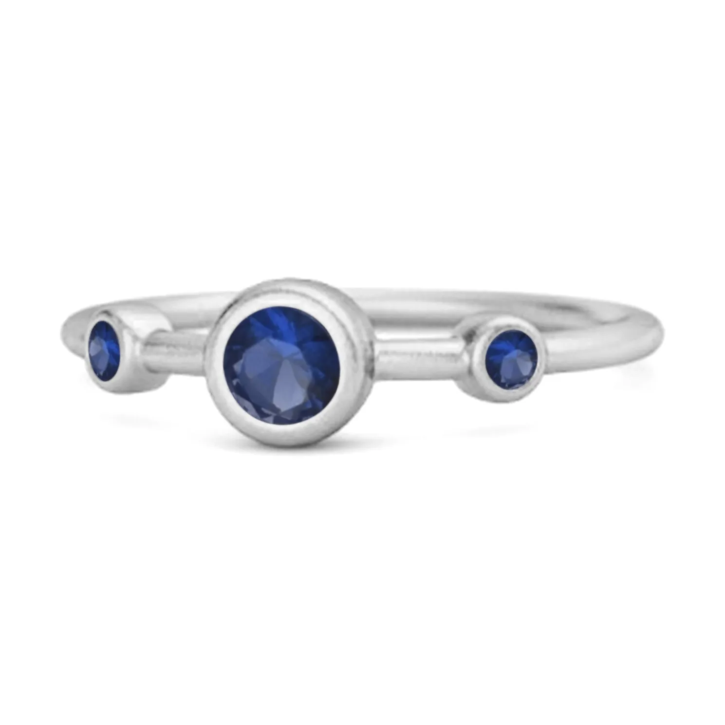 Three Stone Round Cut Blue Sapphire 925 Sterling Silver Bridal Ring