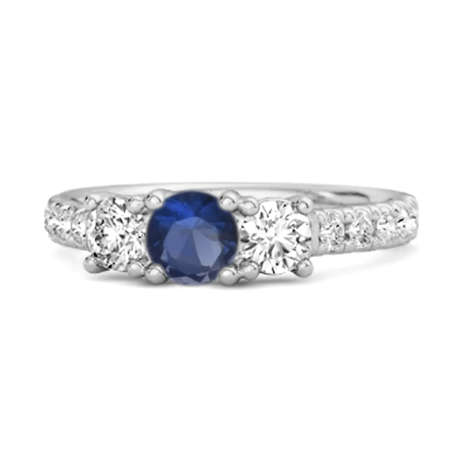 Three Stone Round Cut Natural Blue Sapphire 925 Silver Engagement Ring