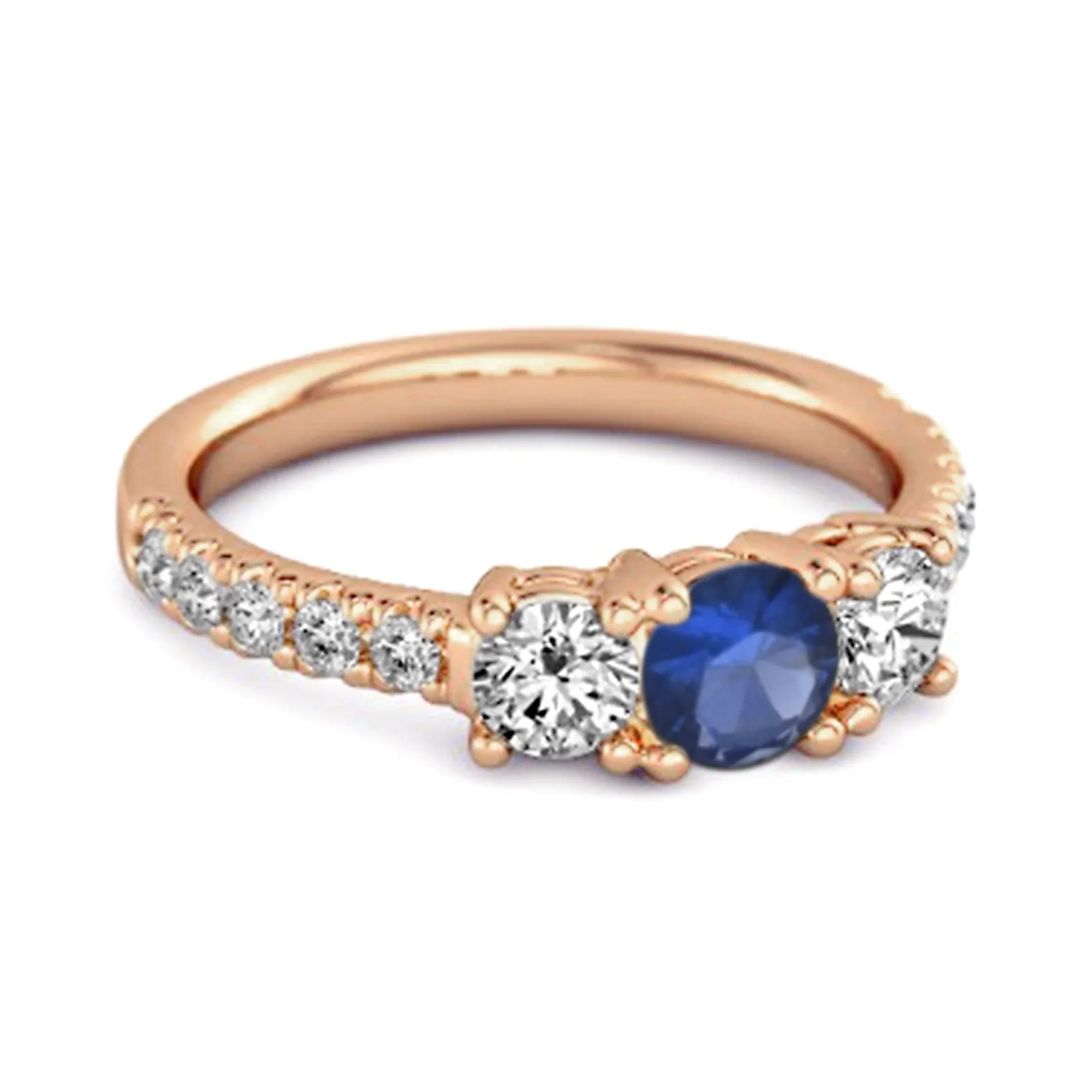 Three Stone Round Cut Natural Blue Sapphire 925 Silver Engagement Ring