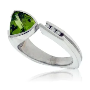 Trillion Cut Peridot and Three Diamond Accented Ring