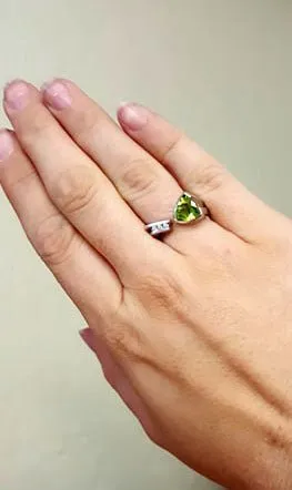 Trillion Cut Peridot and Three Diamond Accented Ring