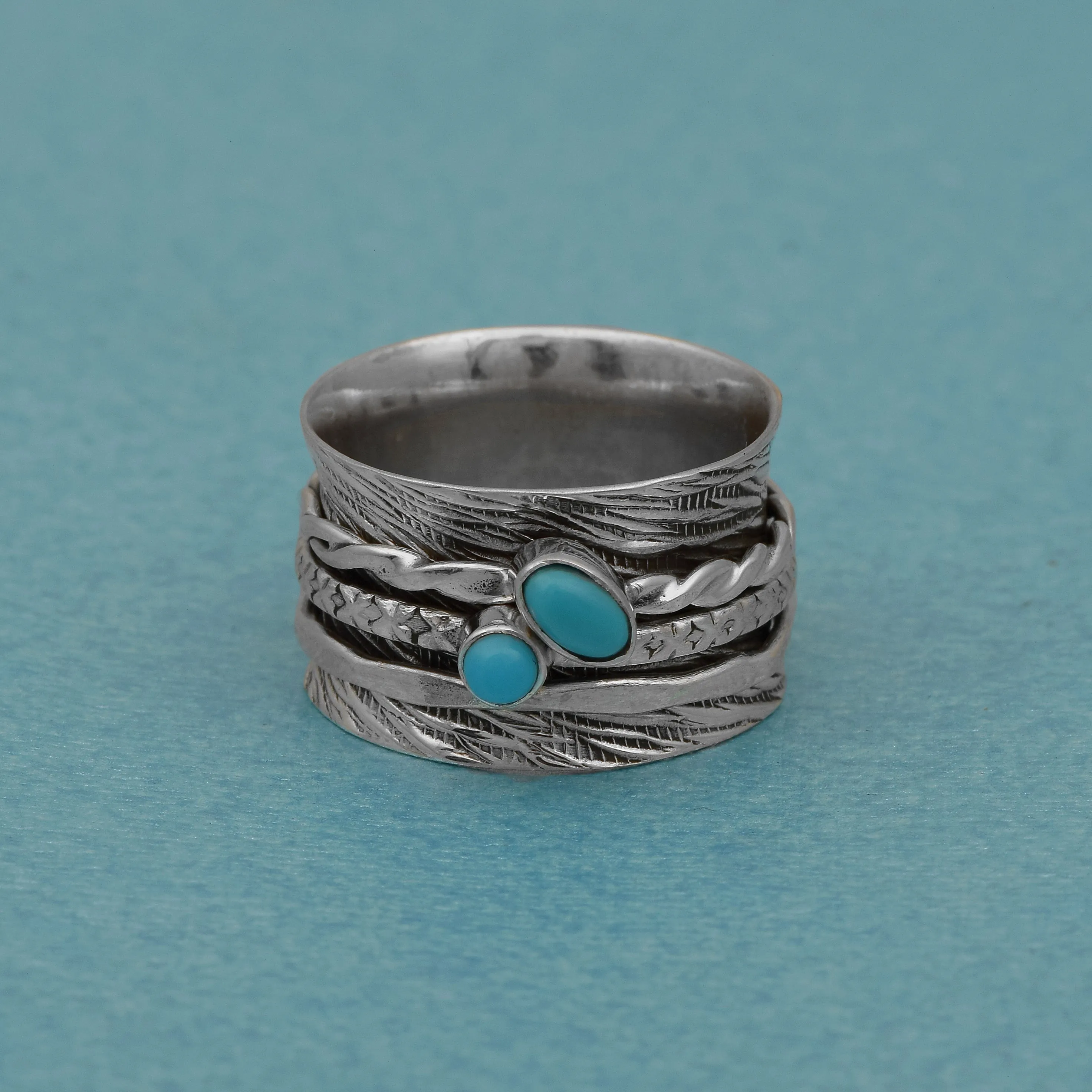 Turquoise Multi Banded Engraved Rope Band Turquoise Spinner Ring