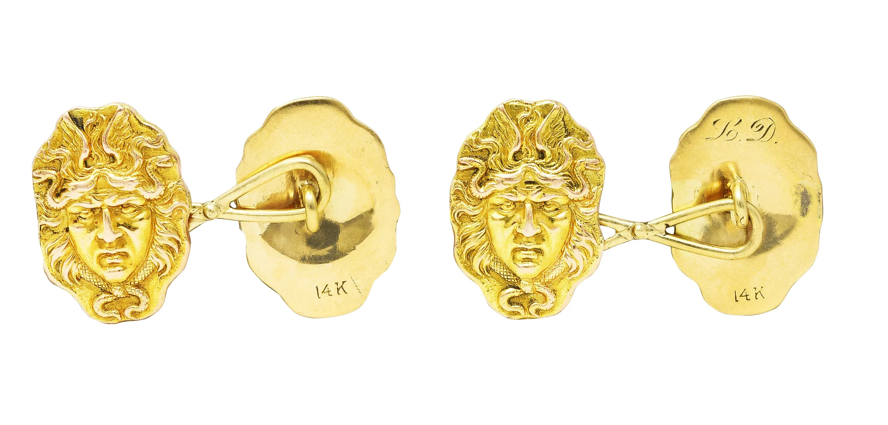 Victorian 14 Karat Two-Tone Gold Medusa Men's Antique Cufflinks