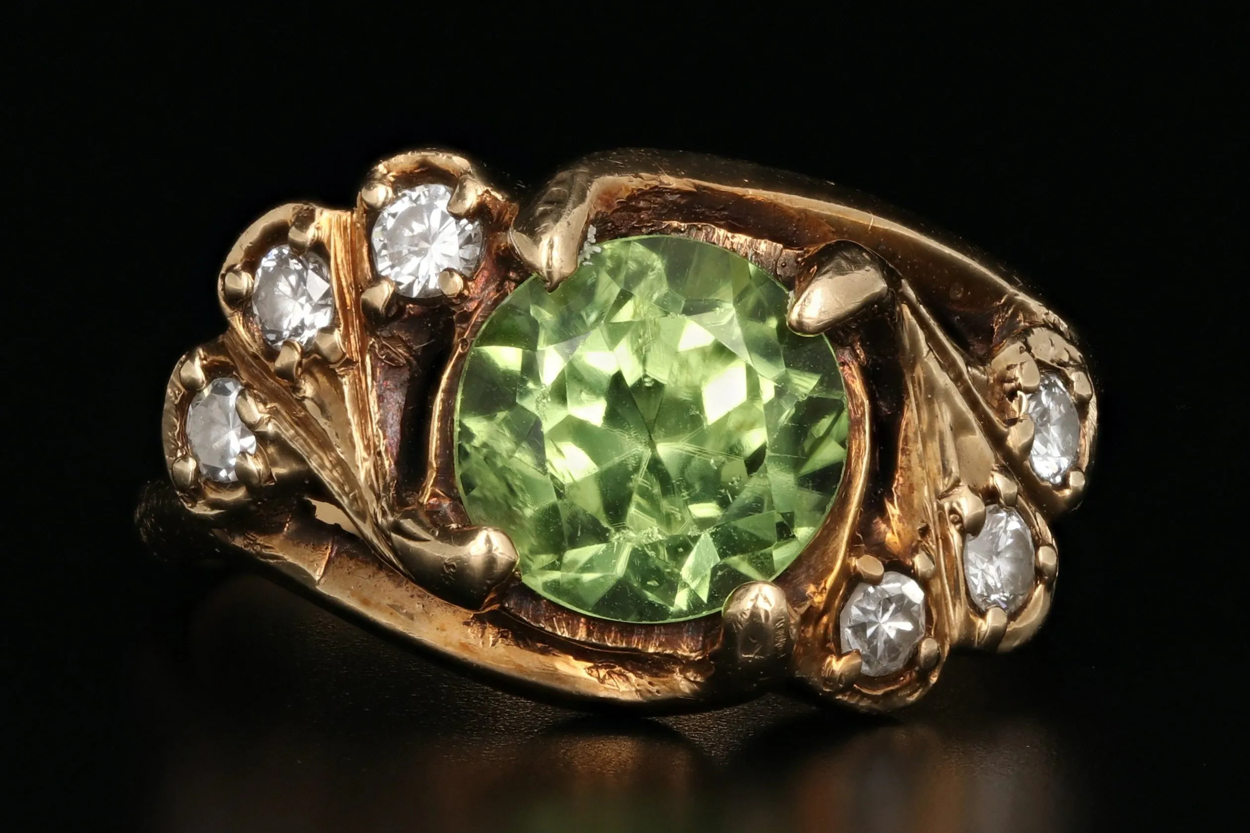 Vintage 14K Yellow Gold 2 Carat Peridot and Diamond Ring