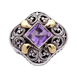 Vintage 18K Gold and Sterling Silver Amethyst Open-Scroll Work Cocktail Ring