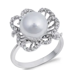White CZ Freshwater Pearl Micro Pave Flower Ring Sterling Silver Band Sizes 5-9