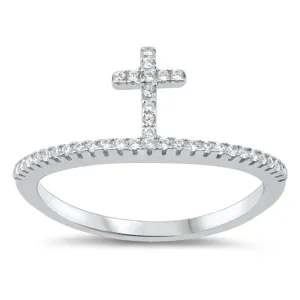 White CZ Thin Standing Cross Micro Pave Ring 925 Sterling Silver Band Sizes 5-10