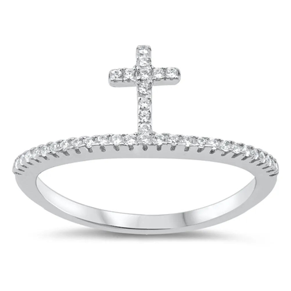 White CZ Thin Standing Cross Micro Pave Ring 925 Sterling Silver Band Sizes 5-10