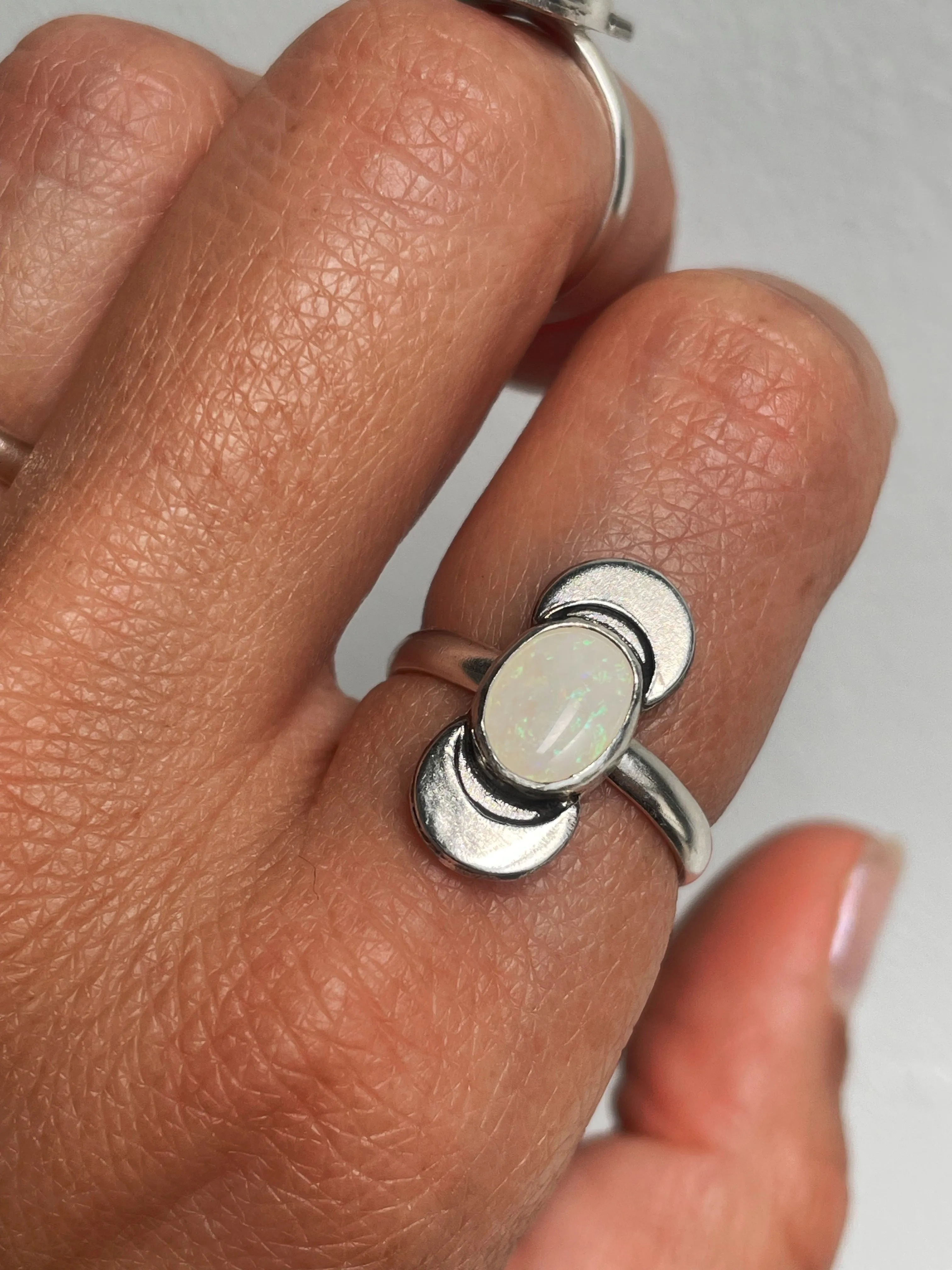 White Opal Crescent Ring - Multiple Sizes