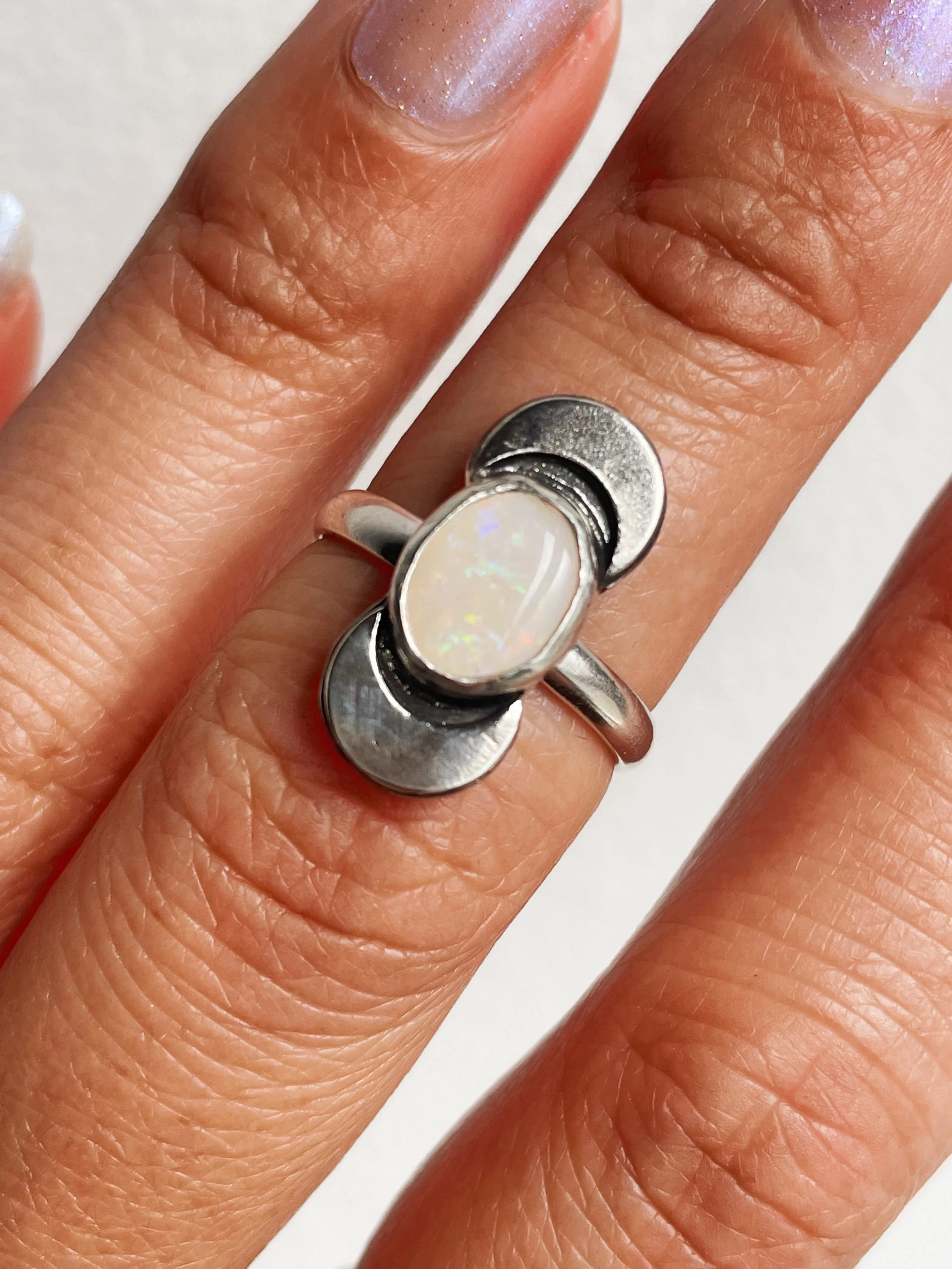 White Opal Crescent Ring - Multiple Sizes
