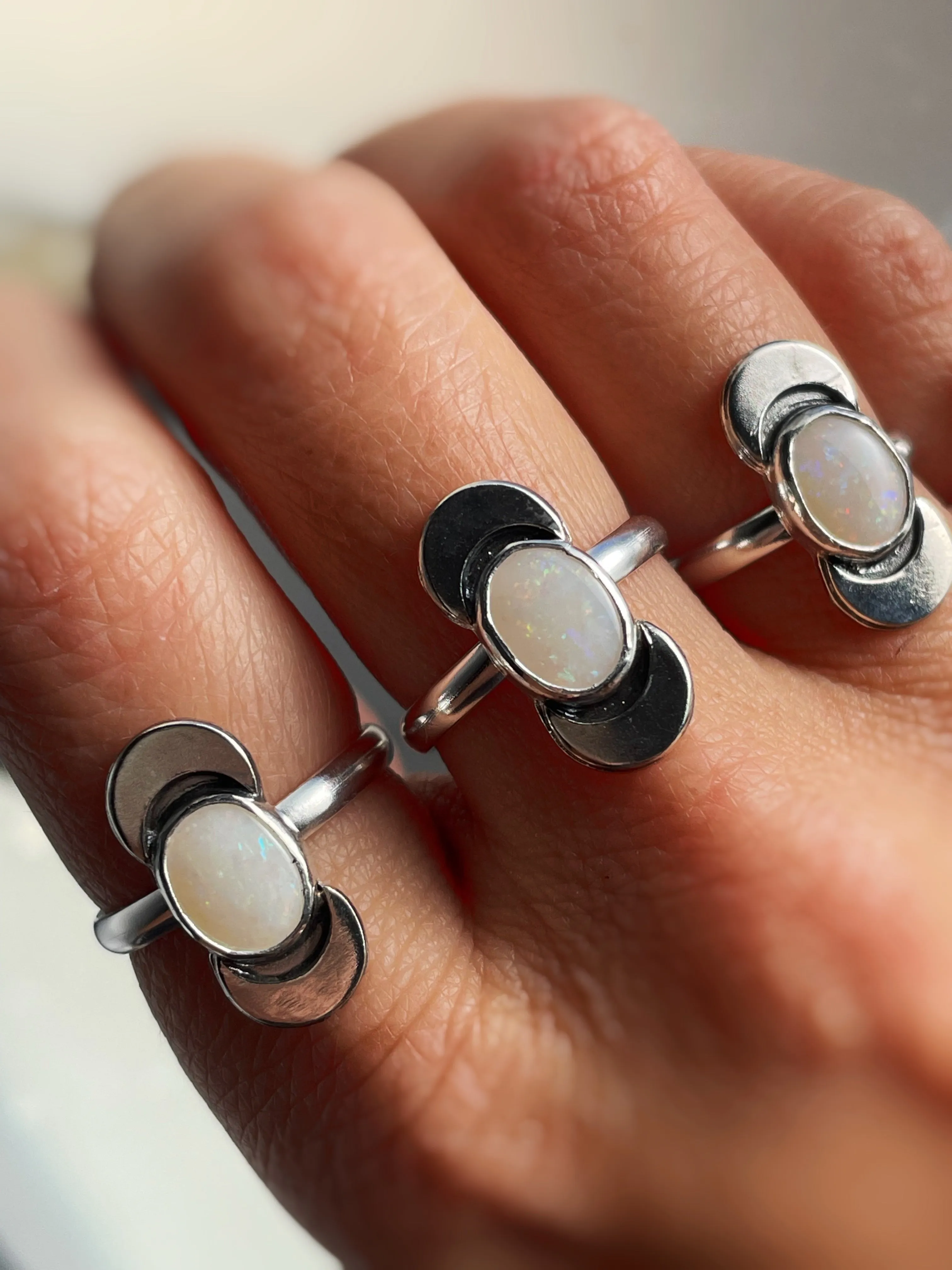 White Opal Crescent Ring - Multiple Sizes